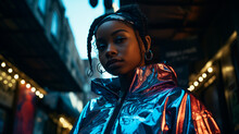 Street Photography Of A African American Female Teenager, Wearing Urban Hip Hop Clothes, In Downtown Alleyway. Low Angle