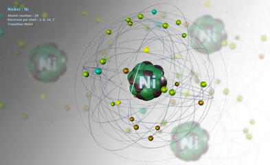 Atom of Nickel with detailed Core and its 28 Electrons on white with Atoms in background