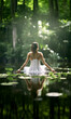 © IBEX.Media - Behind view of young woman in white dress floating on water surface in meditation and wellbeing  concept