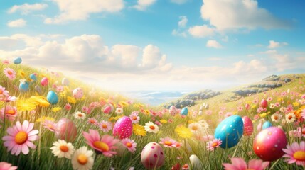 Poster -  a painting of an easter egg in a field of flowers with a blue sky and white clouds in the background.