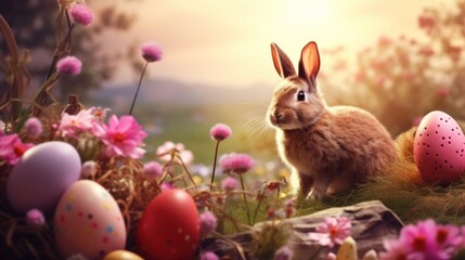 Canvas Print -  a rabbit sitting in the middle of a field of flowers with eggs in the foreground and pink flowers in the background.