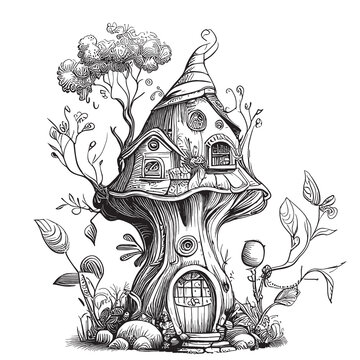 Mythical fairy tale house in the forest hand drawn sketch illustration
