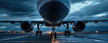 A Commercial Airplane Stands Ready On A Reflective, Rain-soaked Runway, With The Dramatic Backdrop Of A Stormy Sky Illuminated By The Airport Lights.