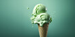 Creative banner ad template with delicious creamy green ice cream in cone isolated on green background with copy space. Melting sweet milk ice cream, 3d style.