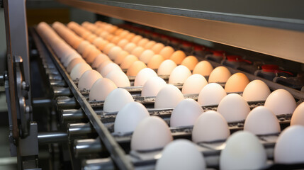 Wall Mural - The process of sorting and packing eggs into cardboard containers on the conveyor belt of the poultry plant. Sorting of eggs of different categories.