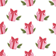 Sticker - seamless pattern with pink gift boxes