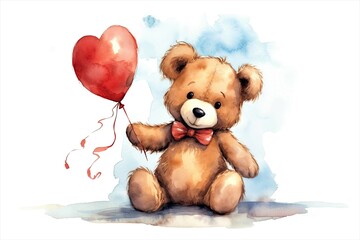 teddy bear with heart shaped balloon on a white background. watercolor illustration