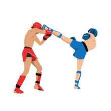 Kickboxing Fight, Martial Art. Kick Boxing Fighters. Combat Sport Match. Boxers Wrestling Tournament. Men Athletes In Battle Competition. Flat Vector Illustration Isolated On White Background