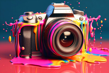 Wall Mural - black professional digital camera in bright paint splashes on red background. photography courses