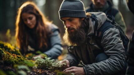 a group of people forage in the forest, closely inspecting the flora, engaged in the quiet search fo