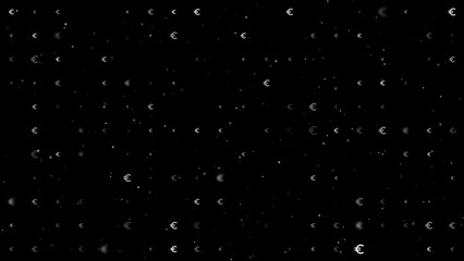 Poster - Template animation of evenly spaced euro symbols of different sizes and opacity. Animation of transparency and size. Seamless looped 4k animation on black background with stars