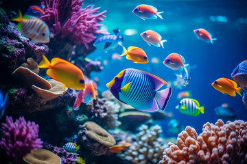 fishes close-up in tropical sea underwater multicolored on coral reef, aquarium oceanarium, wildlife, blurred background