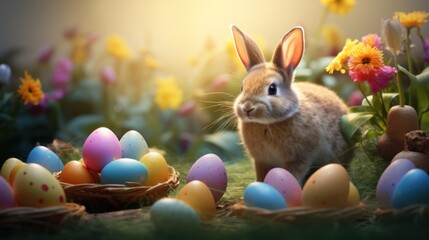 Wall Mural -  a rabbit sitting in the middle of a field of flowers and eggs with a basket of eggs in the foreground.