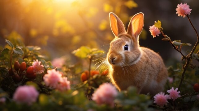  a close up of a rabbit in a field of flowers with the sun shining through the trees in the background.