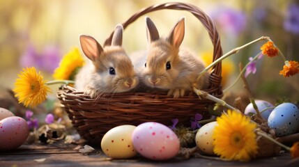 Wall Mural -  two rabbits sitting in a basket surrounded by easter eggs and dandelions in a field of wildflowers.