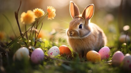 Wall Mural -  a rabbit sitting in the grass next to a bunch of eggs with dandelions and daisies in the background.