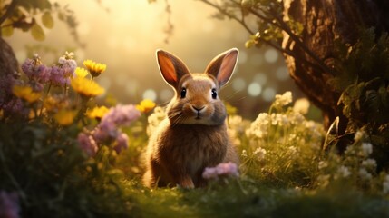 Wall Mural -  a rabbit is sitting in the middle of a field of wildflowers with the sun shining through the trees.