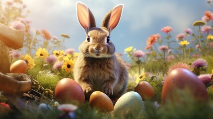 Wall Mural -  a rabbit sitting in the middle of a field of flowers and eggs with a stuffed animal in the foreground.