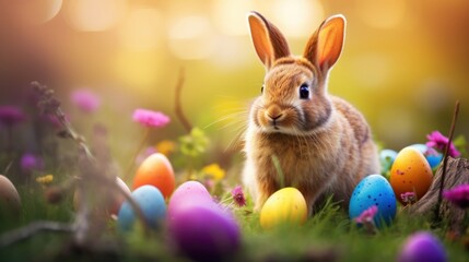 Wall Mural -  a rabbit is sitting in the grass surrounded by colorful easter eggs and grass with pink and yellow flowers in the background.