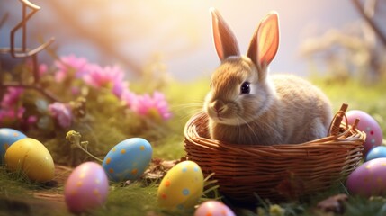  a rabbit sitting in a basket in the grass with easter eggs in the foreground and flowers in the background.