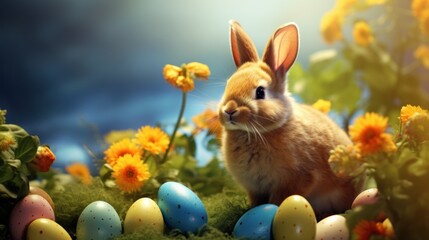 Wall Mural -  a rabbit sitting in the middle of a field of flowers and grass with easter eggs in the grass and daisies in the foreground.