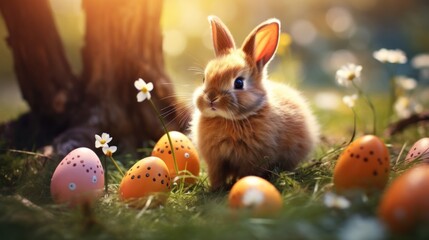 Wall Mural -  a rabbit is sitting in the grass next to some easter eggs and a tree with white flowers in the background.