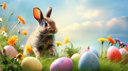 Sticker -  a rabbit is standing in a field of grass with easter eggs in the foreground and daisies in the background.