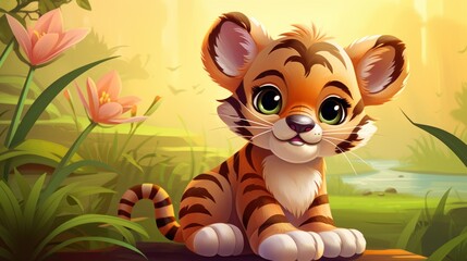  a small tiger cub sitting in the middle of a forest with flowers and a river in the backgroud.