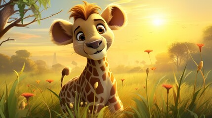 Poster -  a close up of a giraffe in a field of grass and flowers with the sun in the background.