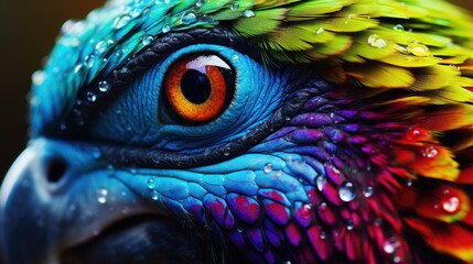 Sticker -  a close up of a colorful bird's face with drops of water on it's feathers and eyes.