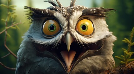 Poster -  a close up of a bird on a tree branch with a surprised look on it's face and yellow eyes.