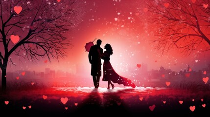 Wall Mural -  a silhouette of a man and a woman holding an umbrella under a red sky with heart shaped trees and buildings in the background.