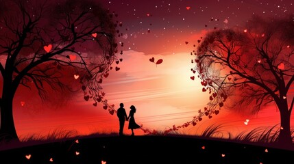 Wall Mural -  a painting of a man and a woman holding hands under a heart - shaped tree with a sunset in the background.