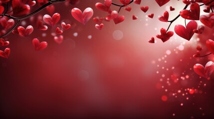 Poster -  a red valentine's day background with hearts hanging from a tree with boke of lights in the background.