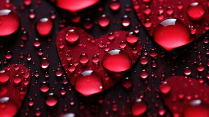 Wall Mural -  a group of red heart shaped drops of water on a black surface with a white dot in the middle of the image.