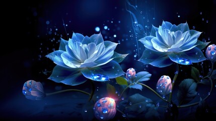 Wall Mural -  a painting of three blue flowers on a dark background with water droplets on the petals of the flowers and leaves.