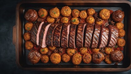 Canvas Print -  a roasting pan with meat, potatoes, and meatballs on a dark surface with a wooden tray holding a roasting pan with meat, potatoes, meat, meat, potatoes, and meat,.