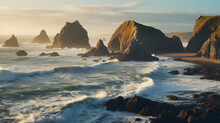 A Rugged Coastline With Sea Stacks And Waves Crashing Against The Rocks.