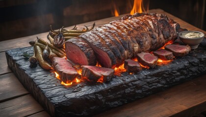 Poster -  a large piece of meat sitting on top of a wooden cutting board next to a bowl of sauce and a bowl of green beans on the side of the meat.