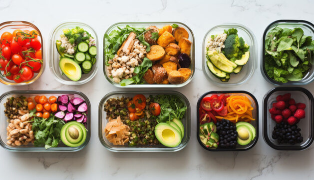 Healthy food in glass containers, top view