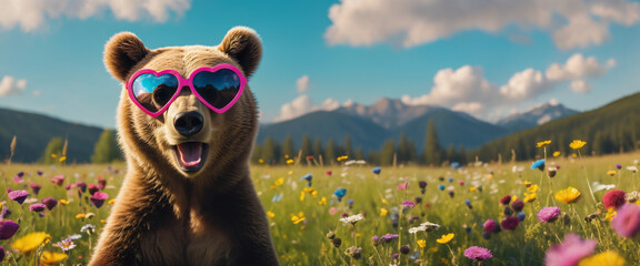 Wall Mural - Bear wearing heart shaped sunglasses in a sunny meadow