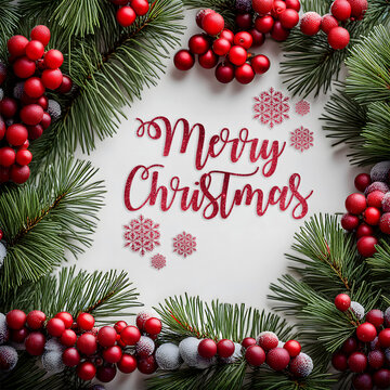 Christmas greeting card with Christmas tree, Christmas wreath with red berries and snowflakes on white background