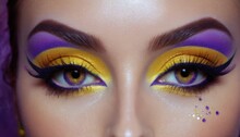  A Close Up Of A Woman's Face With Yellow And Purple Eyeshades And Gold Glitters On Her Eyelashes And Her Face Is Wearing A Purple And Gold Earring.