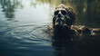 Scary zombie is swimming in the lake. Horrible human skull in the water. Halloween concept. Horror.