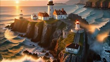 An Old Lighthouse Located On The Top Of A Cliff Near The Shore Of The Ocean Or Sea, A Beacon Illuminating The Way