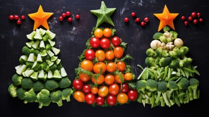 Wall Mural - A Christmas tree made of healthy vegetables. A Christmas tree made of healthy vegetables such as tomatoes, broccoli, carrots, beans and others. horizontal format, a Christmas tree in the center on the