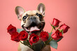 French Bulldog dog with red rose flowers in front of pastel pink studio background