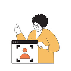 Fototapete - Cyber security concept with cartoon people in flat design for web. Woman using biometrics protection system and facial recognition. Vector illustration for social media banner, marketing material.