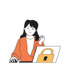 Fototapete - Cyber security concept with cartoon people in flat design for web. Woman using antivirus and internet security system at laptop. Vector illustration for social media banner, marketing material.