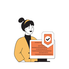 Fototapete - Cyber security concept with cartoon people in flat design for web. Woman using security system and shielding screen with binary code. Vector illustration for social media banner, marketing material.